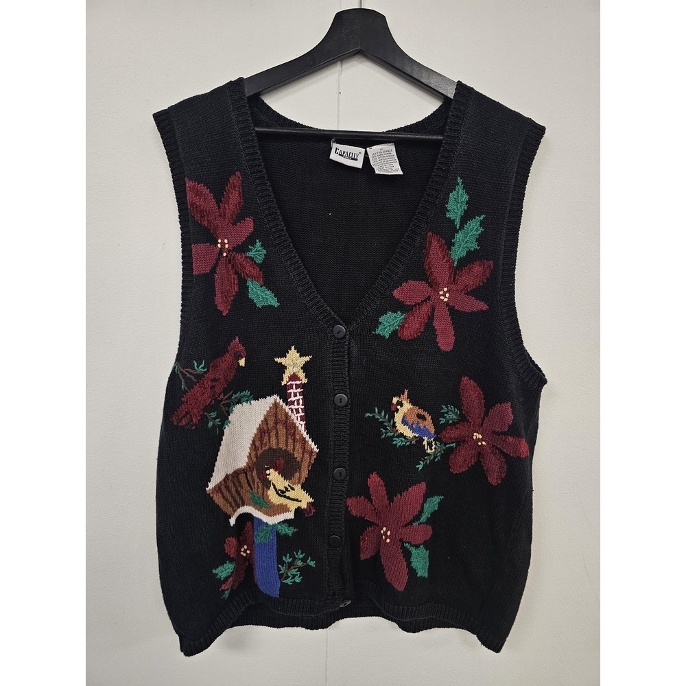 Capacity Sweater Vest Womens 1X Poinsettia Birdhouse‎ Christmas Holiday Pullover